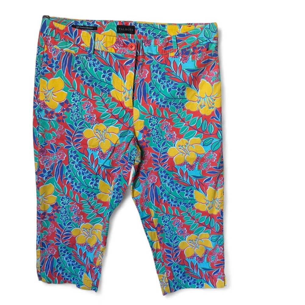 Talbots Perfect Skimmer Tropical Hibiscus Floral Capri Pants 12 Petite
